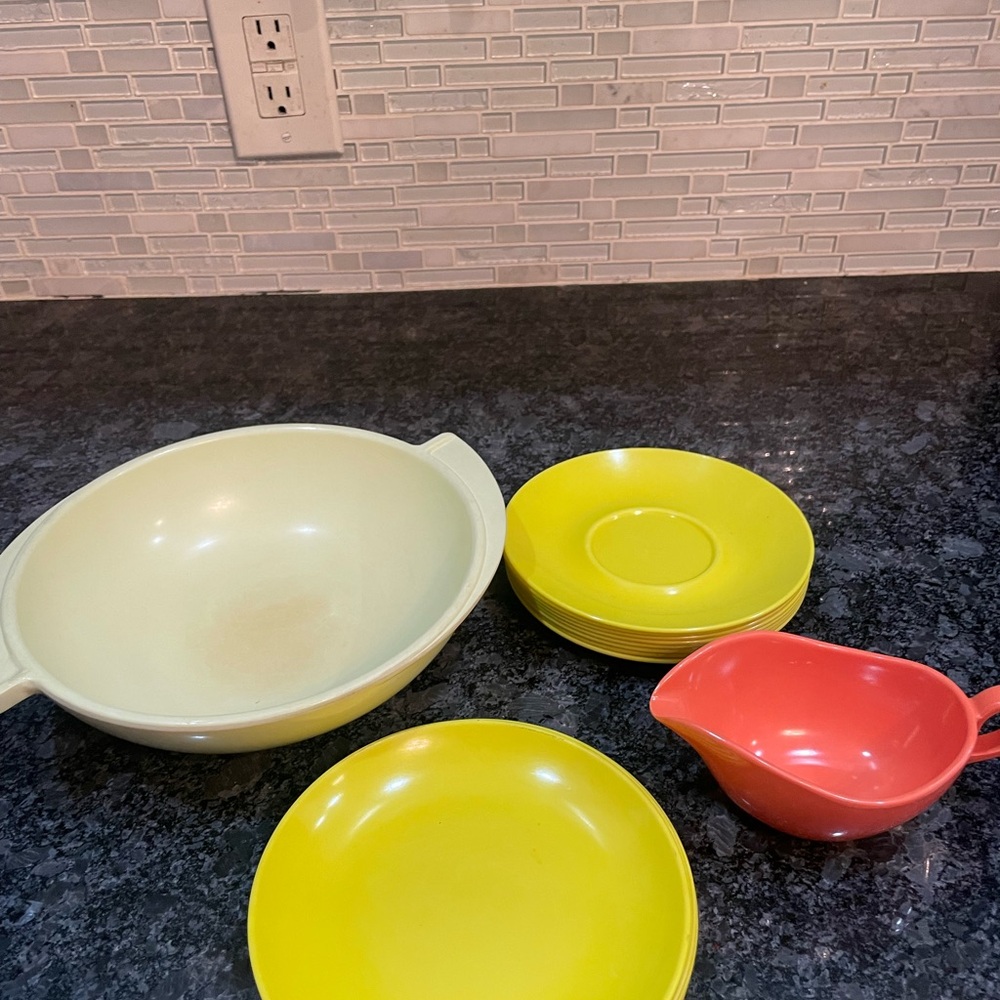 Vintage Boonton Ware Divided Winged Serving Bowl Texasware Melmac Yellow Lot